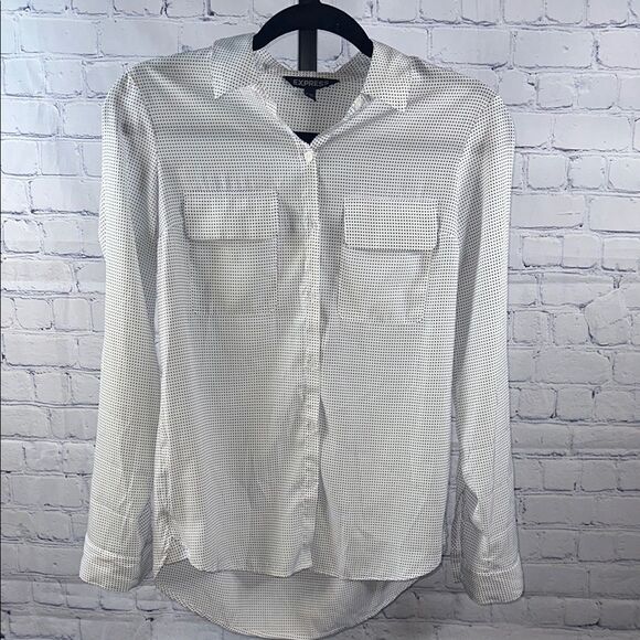 Title: 🤍 Express White Polka Dot Button-Down Shirt XS - Picture 1 of 6